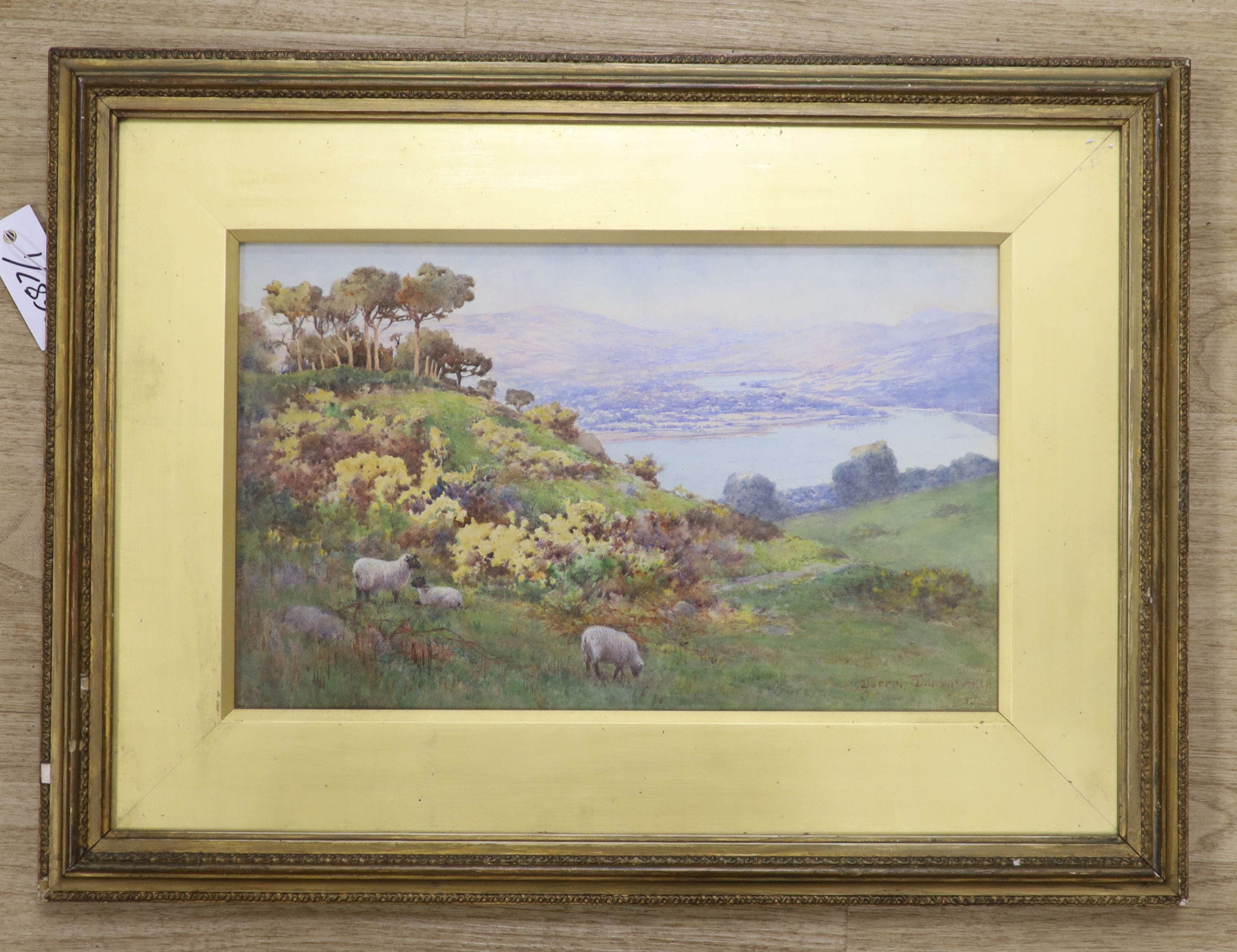 Warren Williams (1863-1941), watercolour, Sheep on a headland overlooking a river landscape, signed, 24 x 39cm